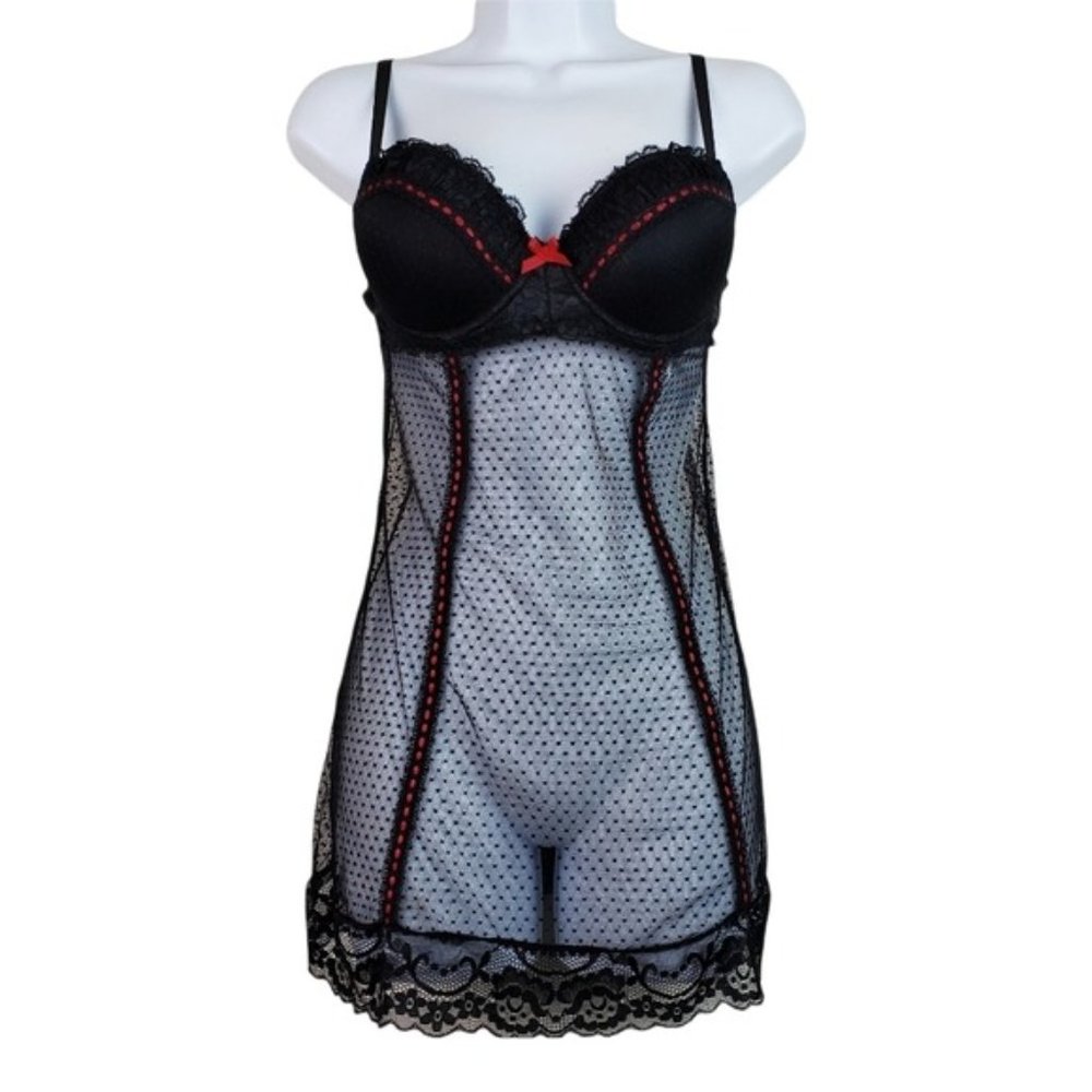 Body Jewels Black Red Ribbon Sheer Mesh Lace Night Slip Size S